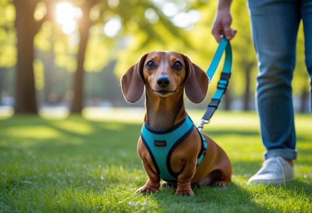 Dachshund obedience training in a park with calm leash behavior beside owner
