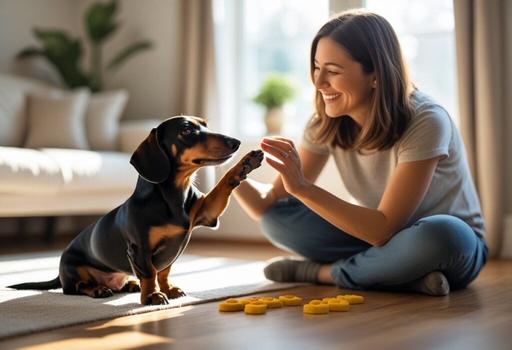 Dachshund showing obedience by giving paw during indoor training