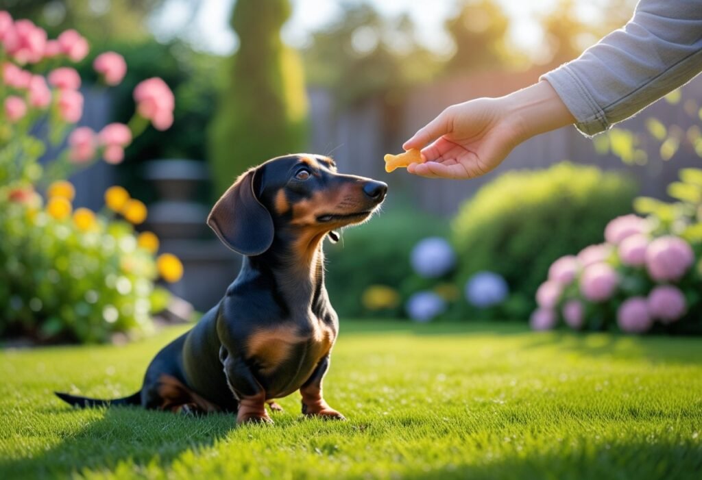 Backyard Dachshund obedience session using treats and praise