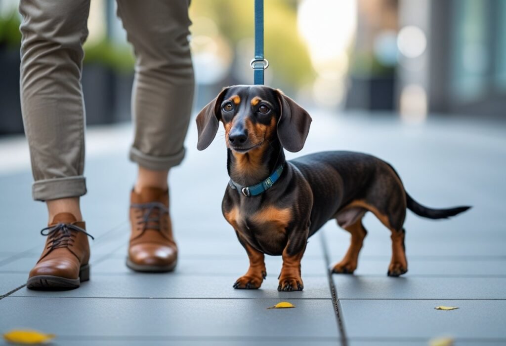 Well-behaved Dachshund walking on a leash with owner on sidewalk