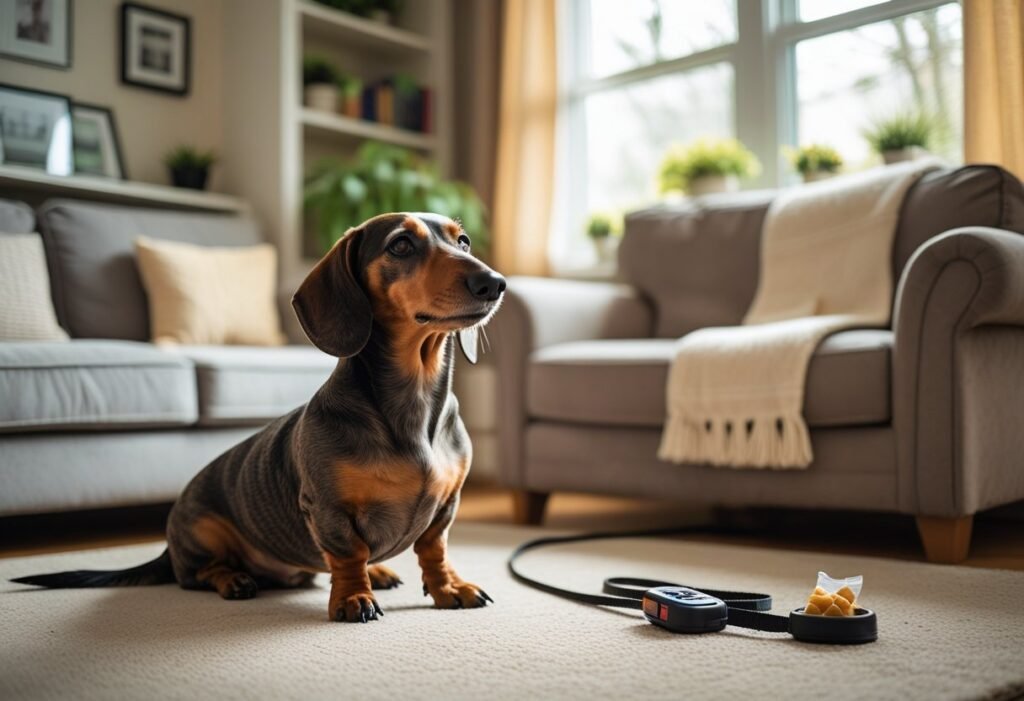 Senior Dachshund participating in calm indoor obedience training
