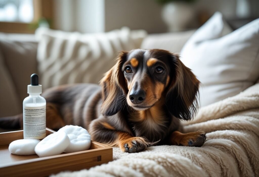 Long-haired Dachshund resting while owner prepares to clean its ears using pet-safe supplies at home