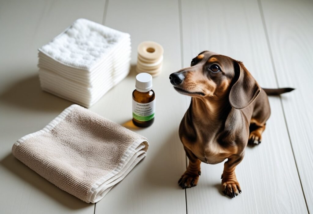 Grooming supplies for cleaning Dachshund ears at home, with the dog watching nearby