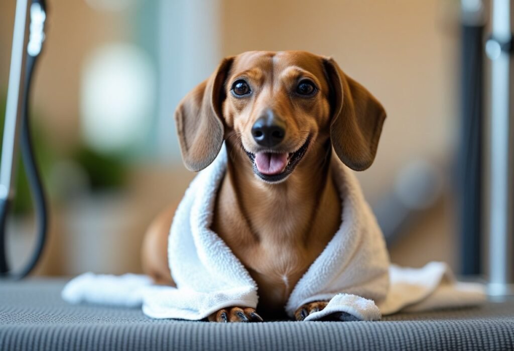 Happy Dachshund wrapped in a towel after having its ears cleaned during a grooming session