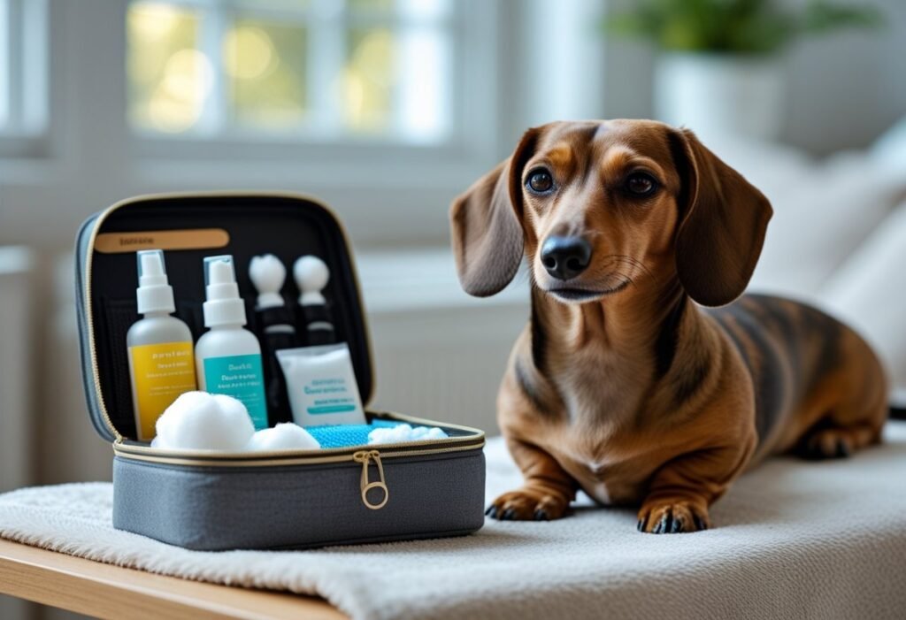 Calm Dachshund near grooming tools used for cleaning ears safely at home
