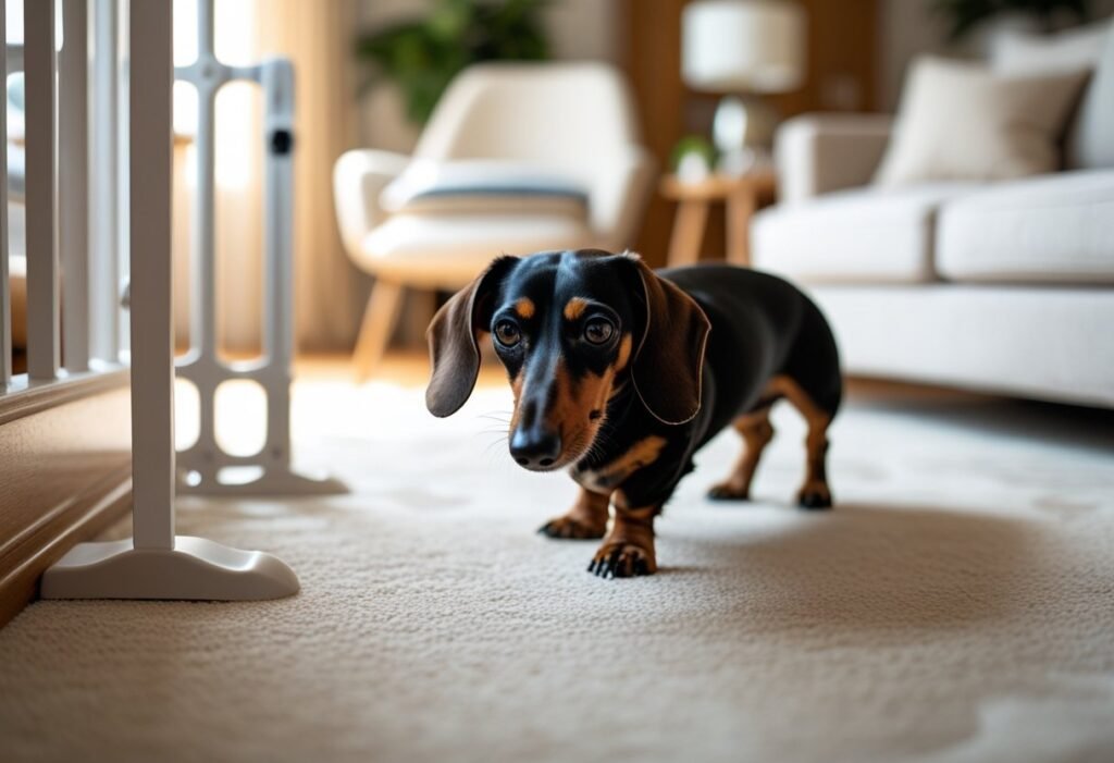 Dachshund proofing home with baby gates, hidden cords, and edge protectors in a safe living room