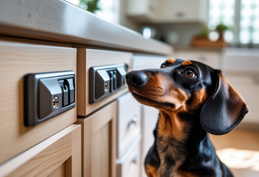 Kitchen safety setup for Dachshund proofing home with cabinet locks and drawer latches