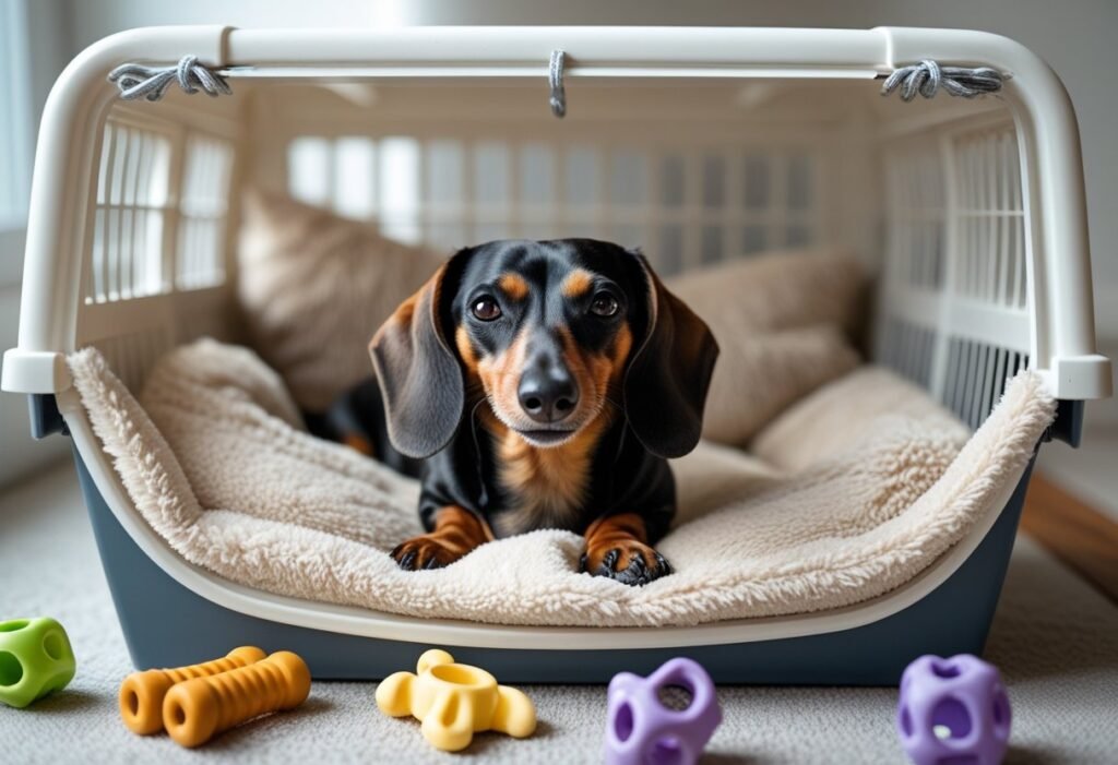 Crate training setup for Dachshund proofing home with safe toys and soft bedding