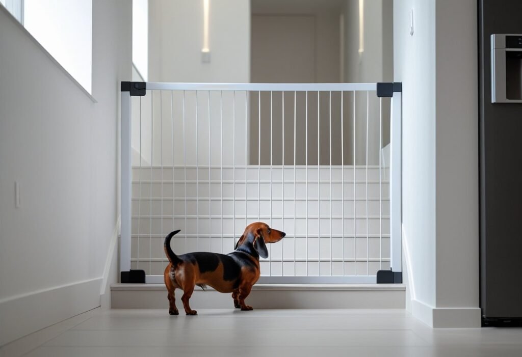 Stair safety tip for Dachshund proofing home using a pet gate to block access