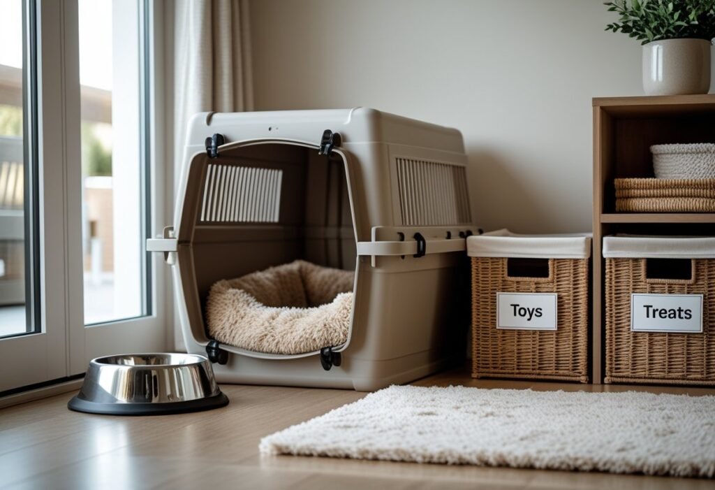 Crate area layout for Dachshund proofing home with bedding, water bowl, and toy storage
