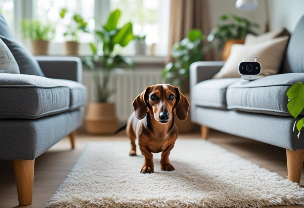 Family-friendly space designed for Dachshund proofing home with safety gear and pet cam