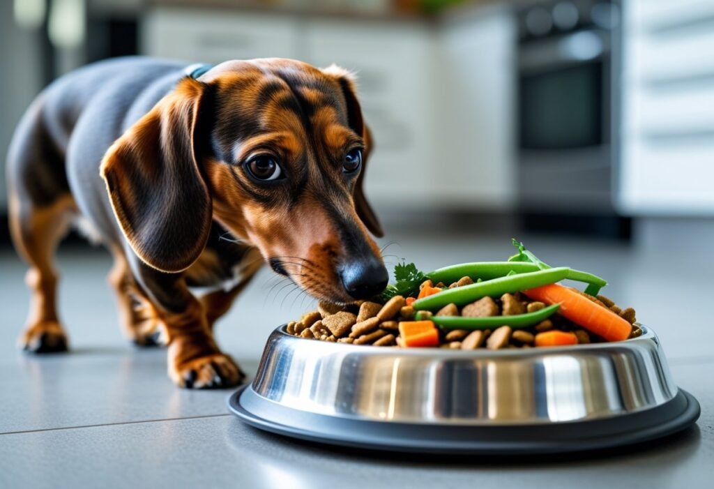 Dachshund sniffing a food bowl, checking for potential food allergy ingredients.