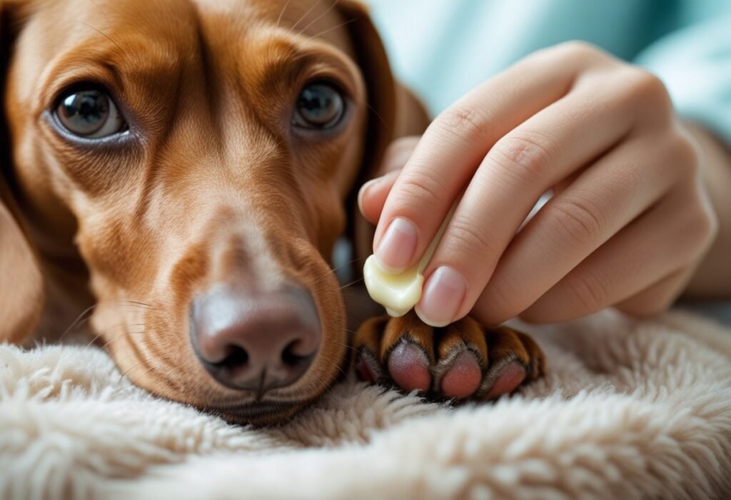 Pet owner applying soothing balm to Dachshund’s irritated paw from allergies.
