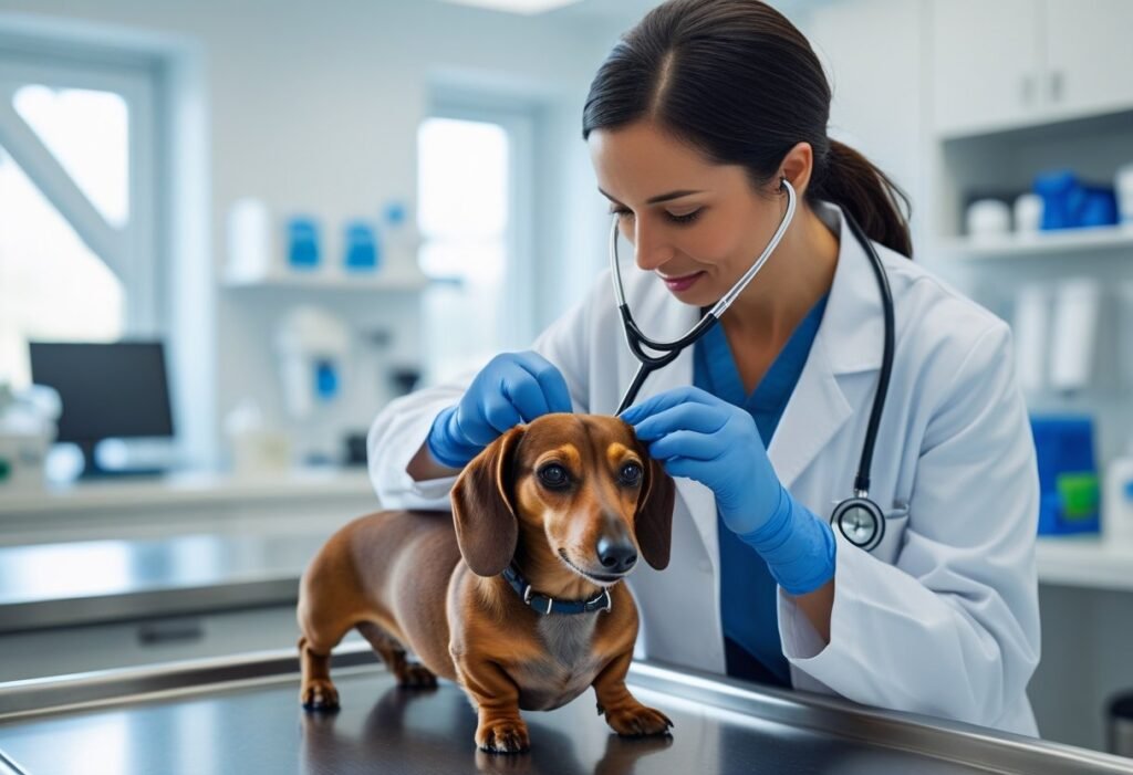 Veterinarian examining a Dachshund’s skin for allergy symptoms and irritation.