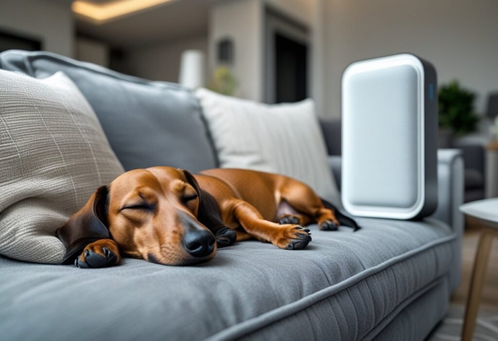Dachshund resting near an air purifier to help reduce indoor allergy triggers.