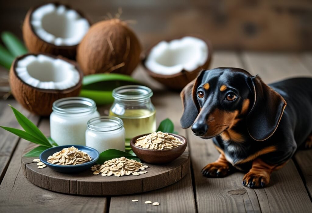 Natural remedies for Dachshund allergies with a curious pup nearby.
