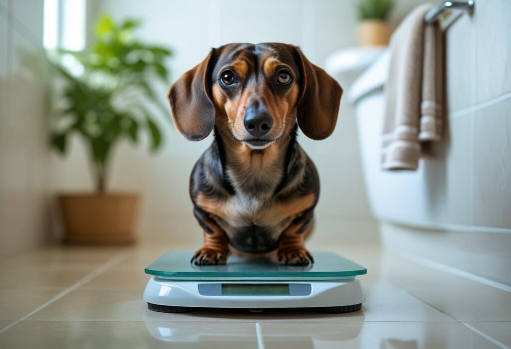 Overweight Dachshund sitting on a scale, highlighting weight issues in small dog breeds