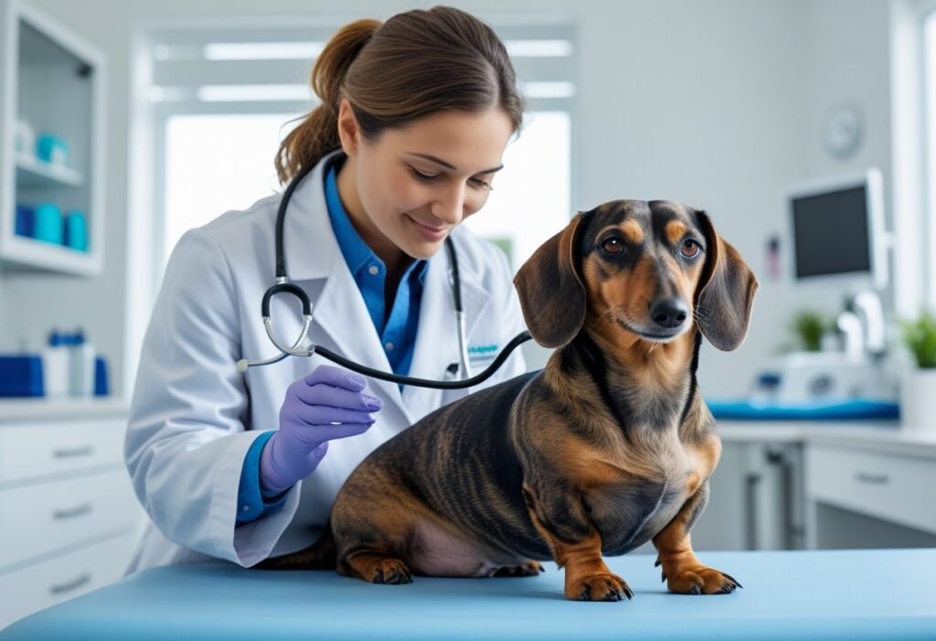 Veterinarian checking an overweight Dachshund, showing importance of health checkups.
