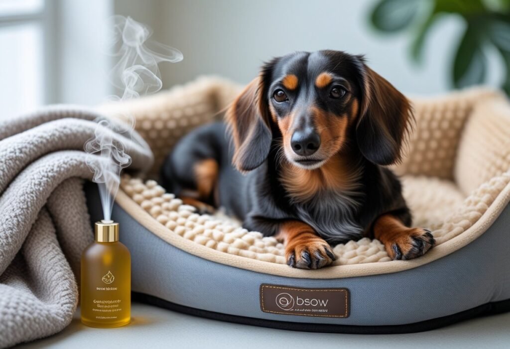 Dachshund relaxing on a memory foam bed with calming items for natural pain relief.