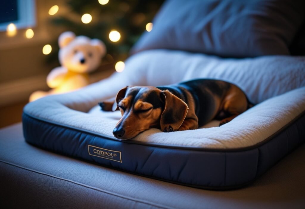 Dachshund sleeping soundly in an orthopedic bed for nighttime pain relief comfort.