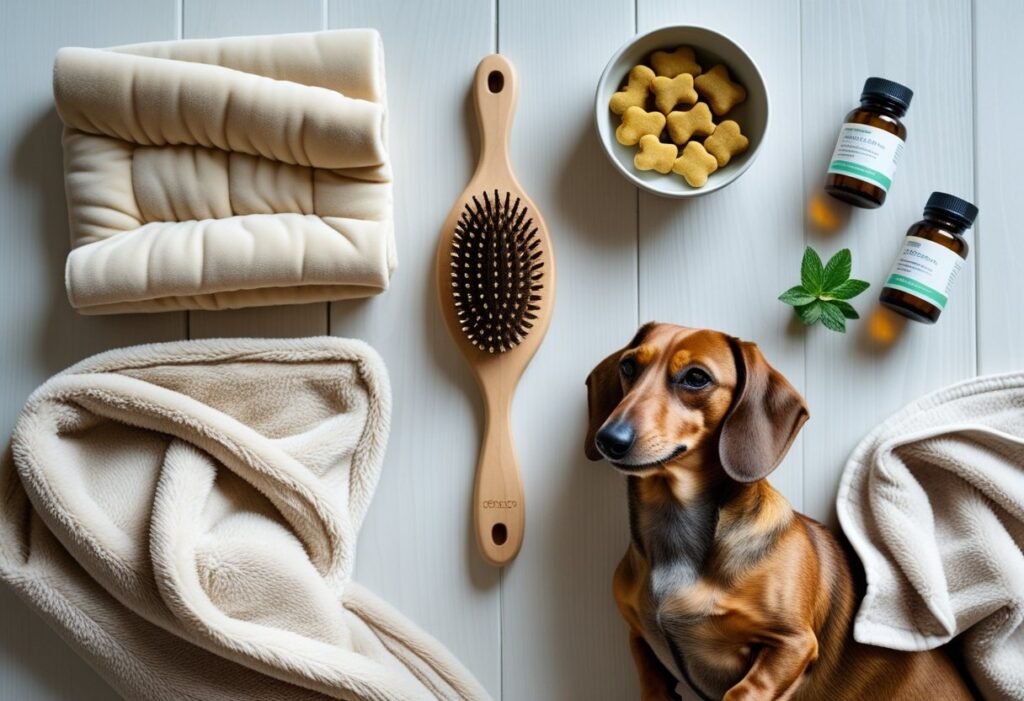 Flat lay of natural home remedy tools for Dachshund pain relief and care.