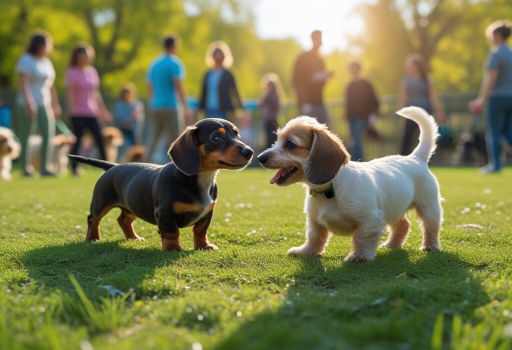 Socialize dachshund puppy meeting another dog at a lively park with people and pets around
