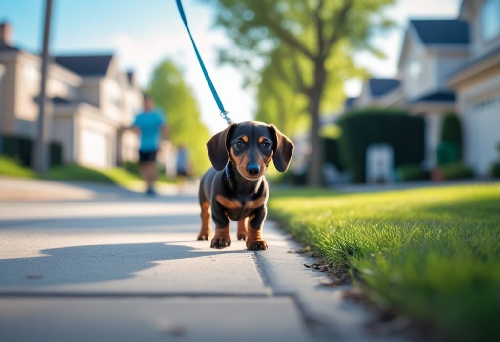 Socialize dachshund puppy exploring a new neighborhood during a leash walk