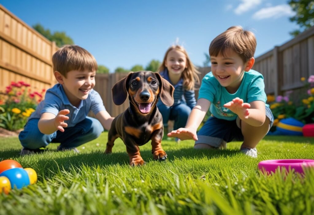 Socialize dachshund puppy interacting playfully with young children in a backyard