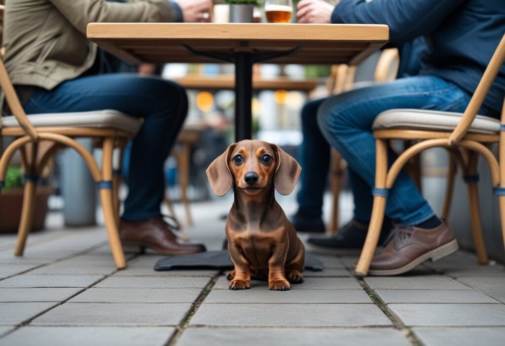 Socialize dachshund puppy sitting calmly at an outdoor café with people nearby