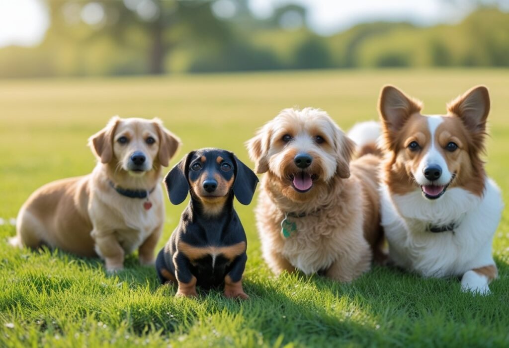 Socialize dachshund puppy engaging with other friendly dog breeds in a park