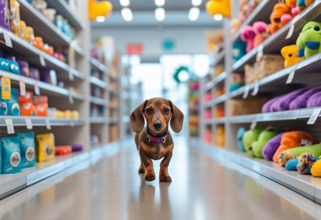 Socialize dachshund puppy walking through a pet store aisle with toys and products