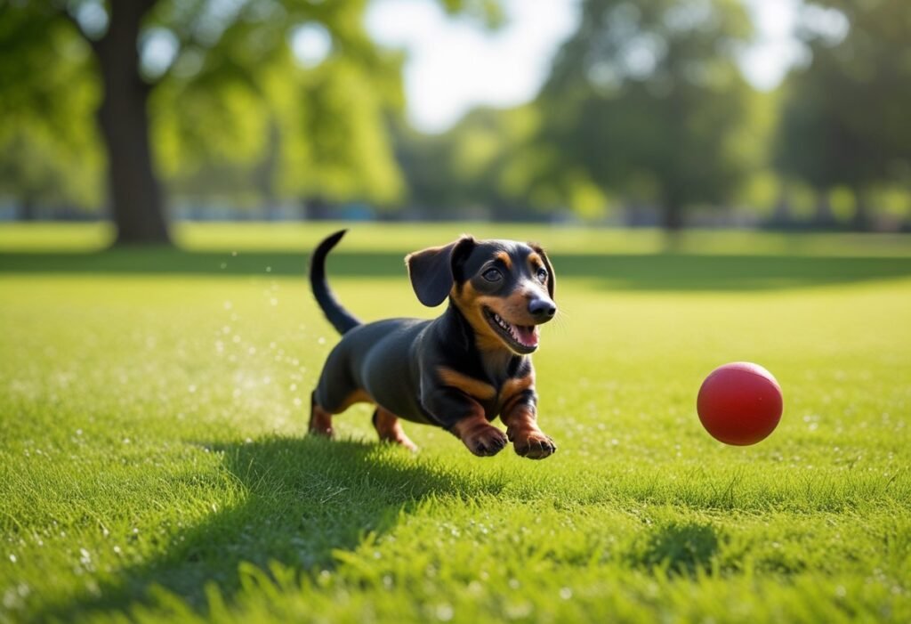 Socialize dachshund puppy chasing a toy ball in an open grassy park