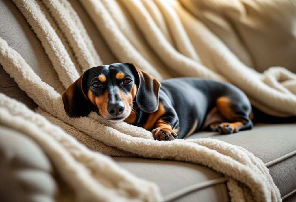 Relaxed Dachshund lying on couch with blanket, showing calm Dachshund body language