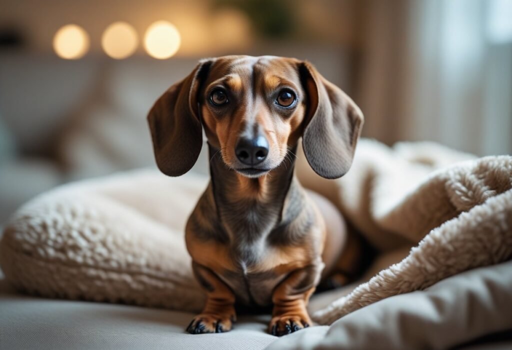 Anxious Dachshund with tail tucked and ears down, nervous Dachshund body language
