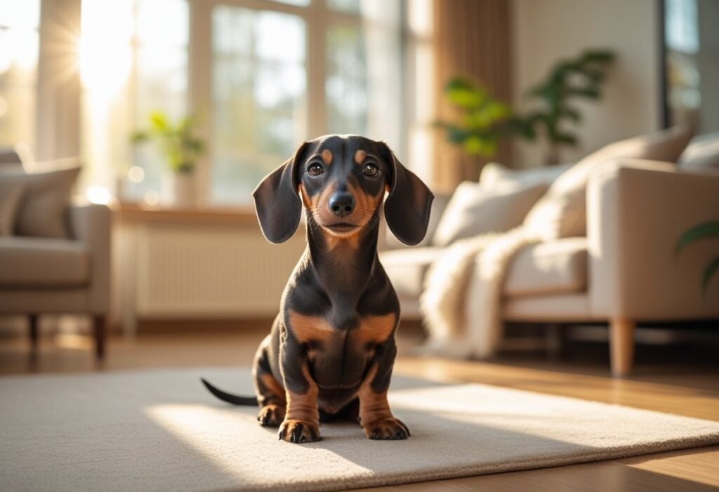 Dachshund impulse control training with puppy sitting patiently in sunny living room