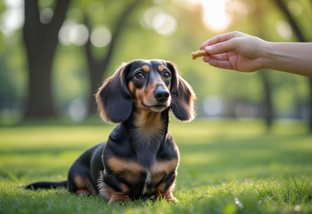 Long-haired Dachshund practicing impulse control by waiting calmly for a treat in park