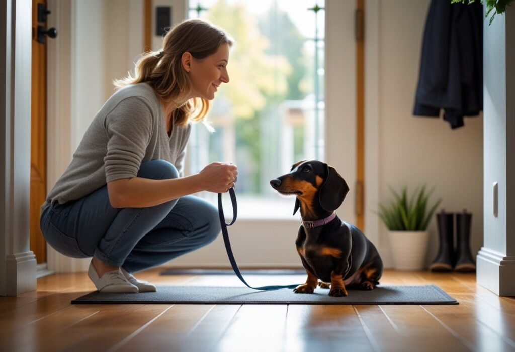 Dachshund learning impulse control with wait command before going for a walk