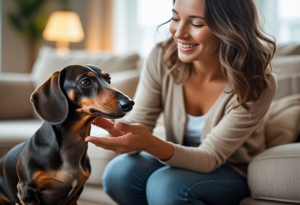 Dachshund receiving praise from owner for staying still during training session