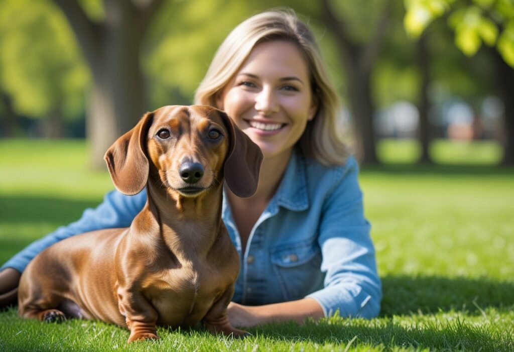Relaxed brown Dachshund walking with owner in park, overcoming dachshund anxiety naturally.