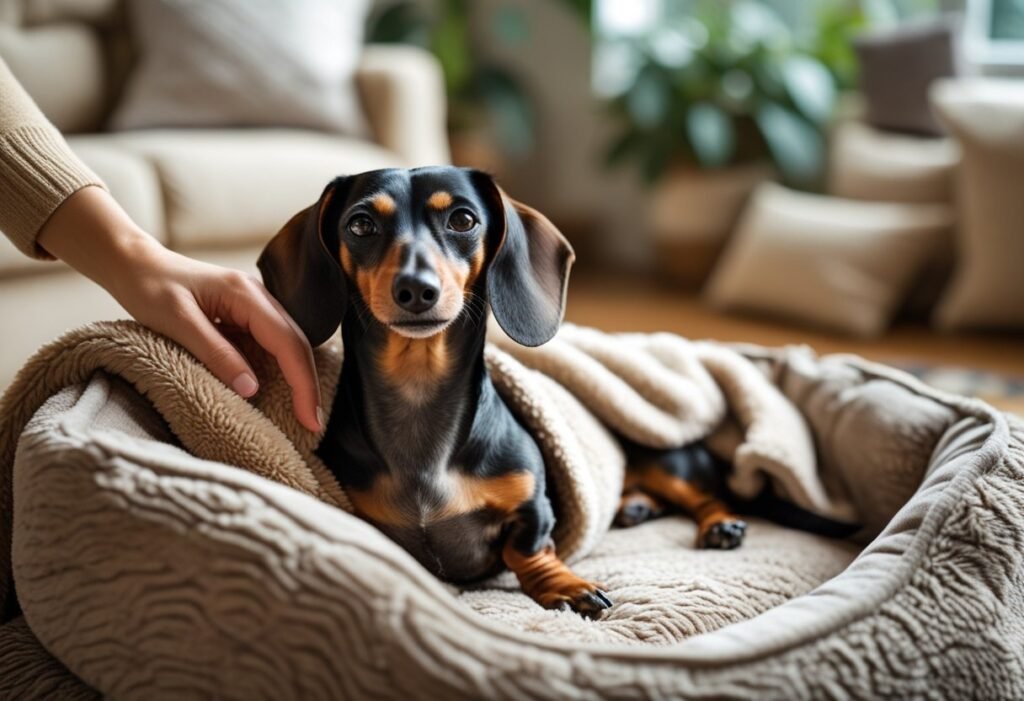 Dachshund in cozy bed with blanket, feeling safe during dachshund fear and anxiety care.