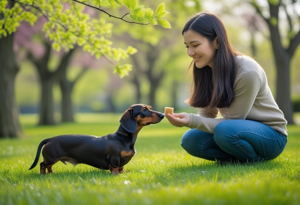 Owner training shy Dachshund on grass with treats, gentle dachshund anxiety training.
