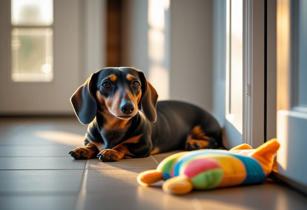 Dachshund resting calmly by door with plush toy, easing dachshund separation anxiety.