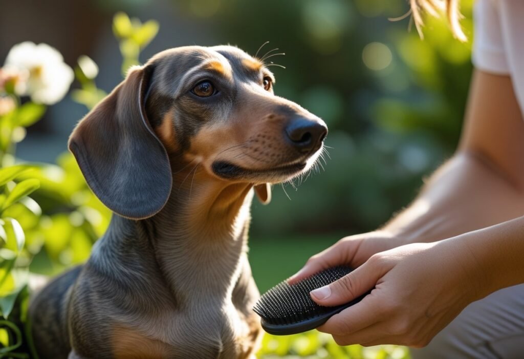 Owner brushing relaxed Dachshund in garden, grooming for anxious dachshund comfort