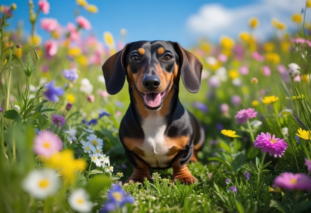 Joyful Dachshund in flower field, living a fear-free and confident dachshund life.