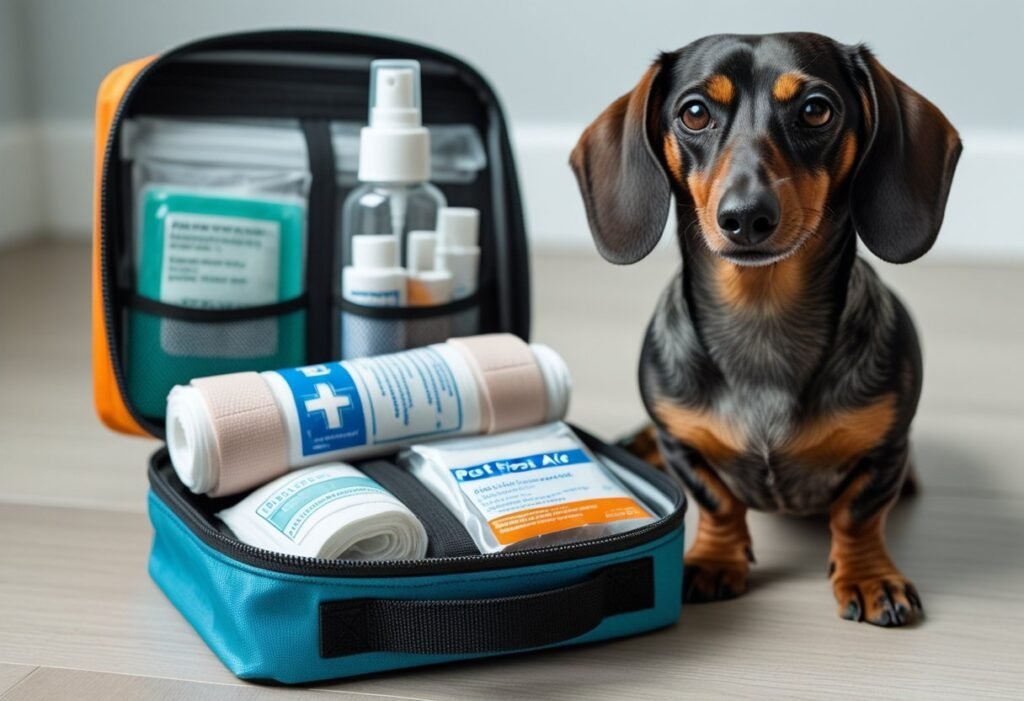 Dachshund first aid kit with bandages, antiseptic spray, and thermometer on wooden floor