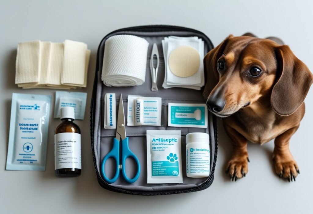 Flat lay of Dachshund first aid kit with gauze pads, scissors, gloves, and tick remover