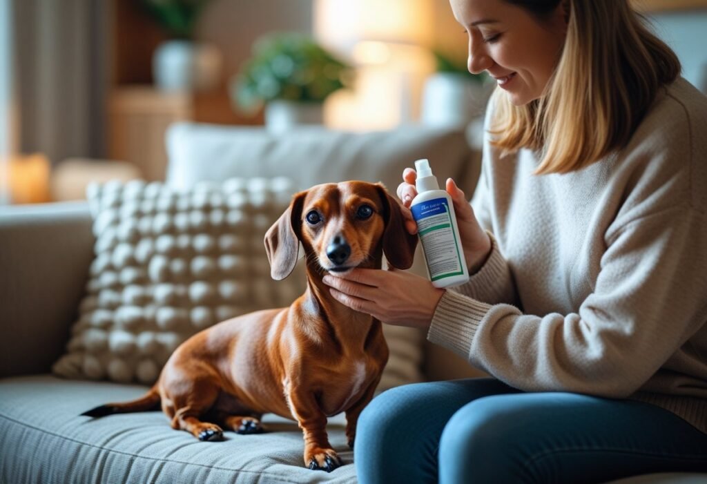 Owner applying antiseptic spray to Dachshund leg at home