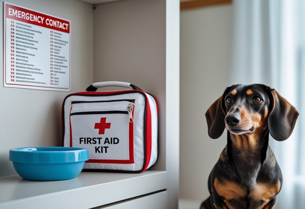 Home pet emergency station with labeled Dachshund first aid kit and supplies