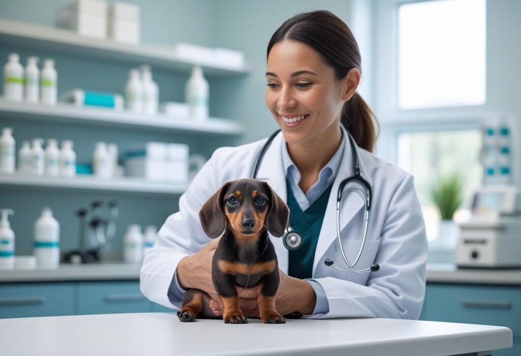 Veterinarian holding Dachshund puppy during gentle check-up.