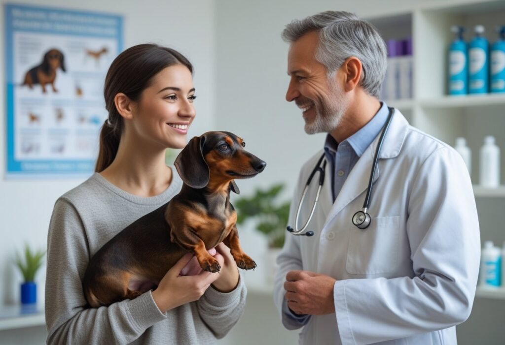 Owner talking to veterinarian while holding their Dachshund.